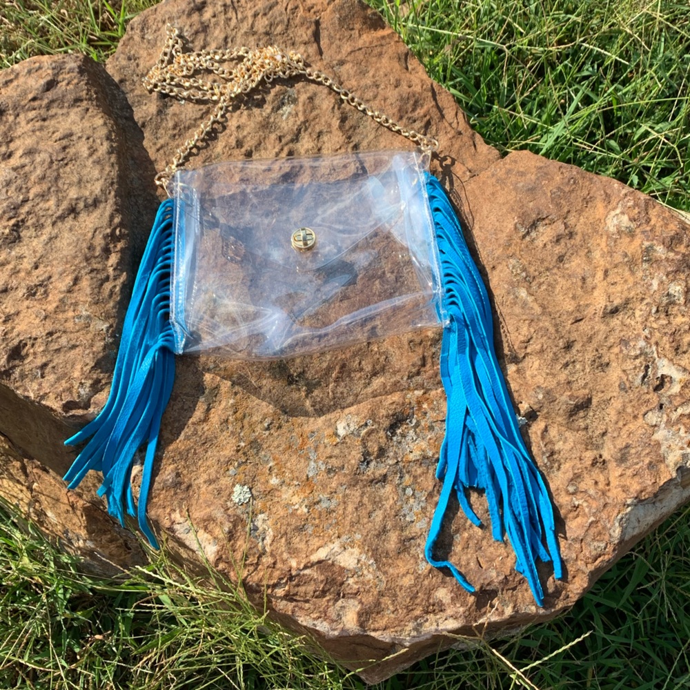 Clear Fringe Crossbody Bag with Blue Accents